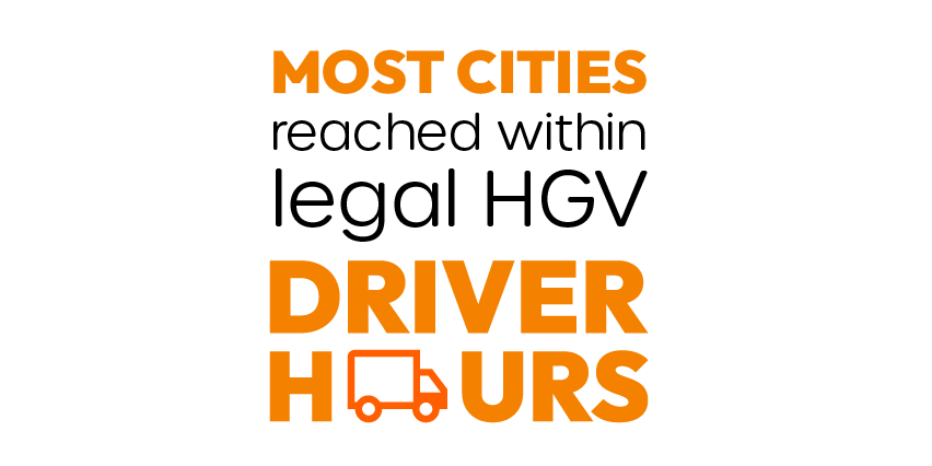 Major cities reached within legal HGV driver hours